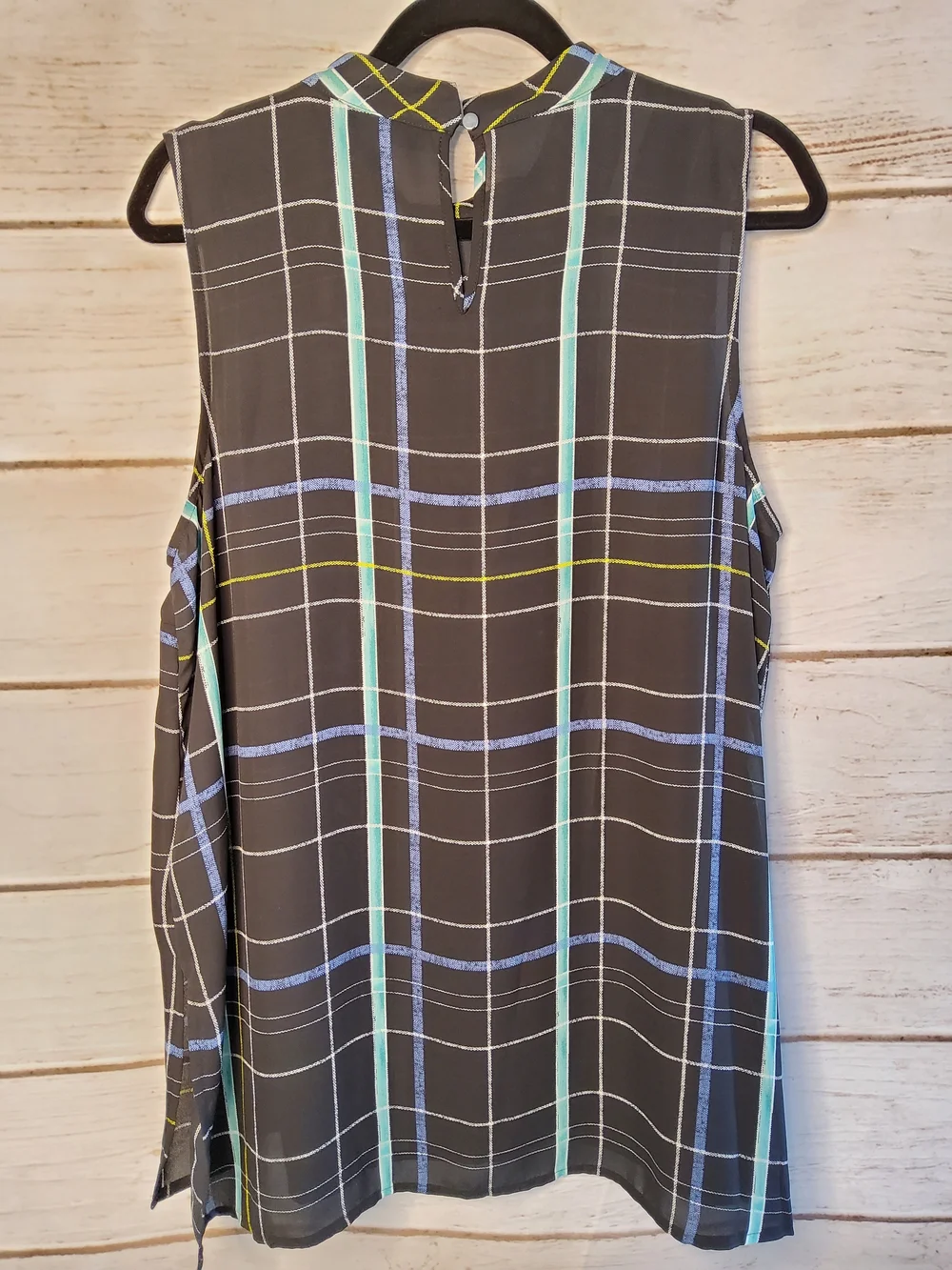 Apt. 9 Black Plaid Sleeveless Mock Neck Dress with Blue and Teal Stripes - Picture 2 of 6